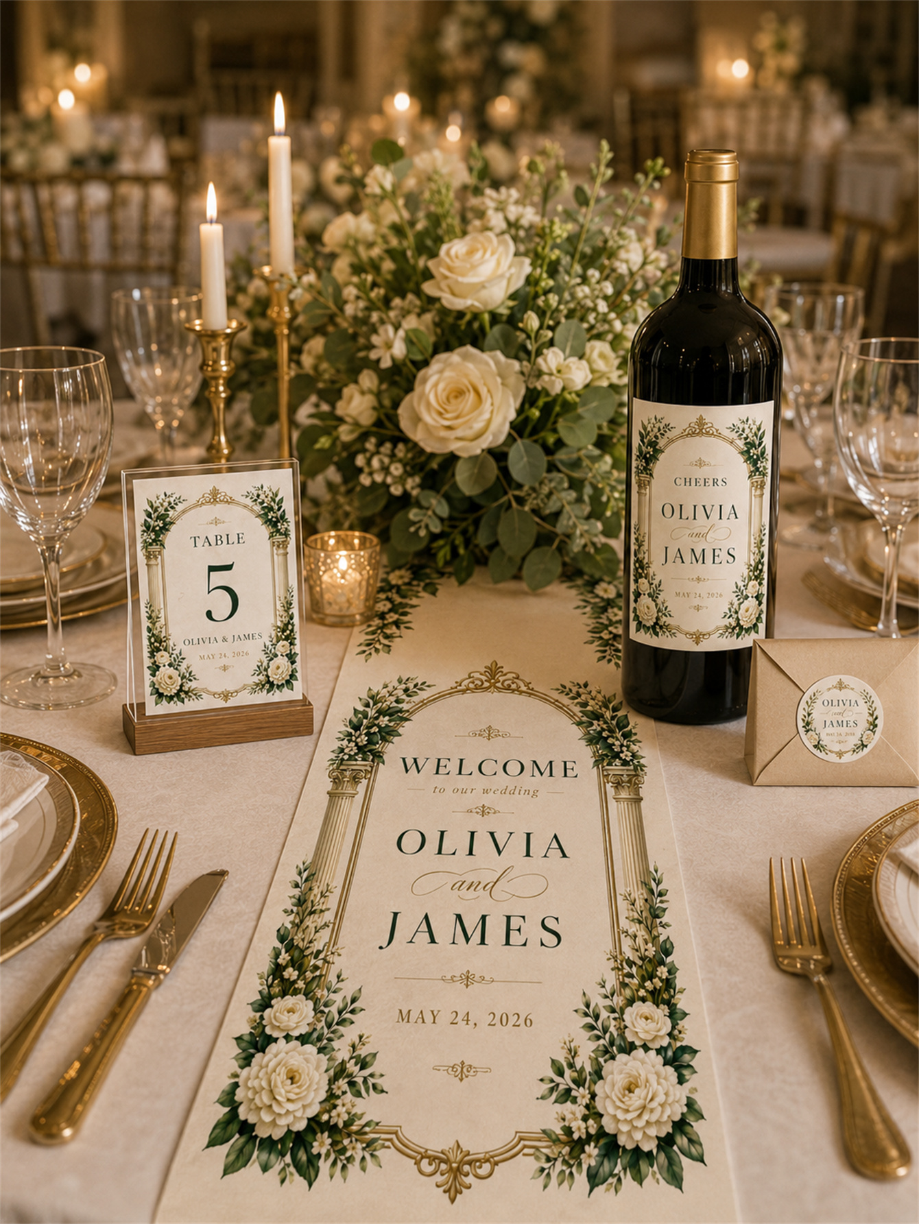 Luxurious ivory and gold wedding decorations - floral arch designs with white roses and classical column elements - custom names and dates